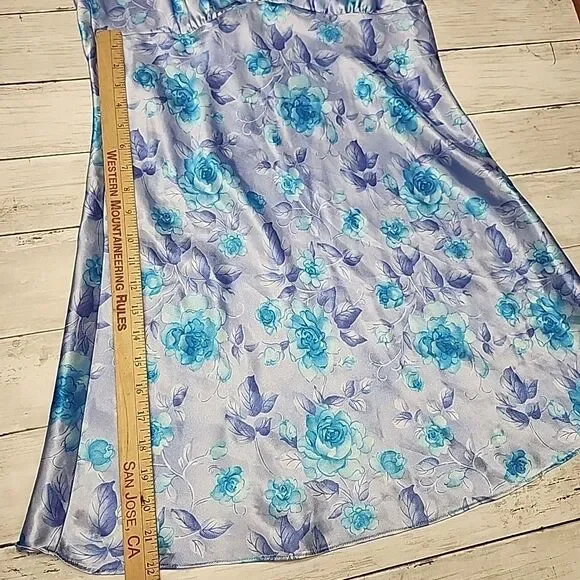 VTG 90sExpressions California Dynasty Blue Satin Floral Strappy Slip Dress Sz M - Picture 3 of 14